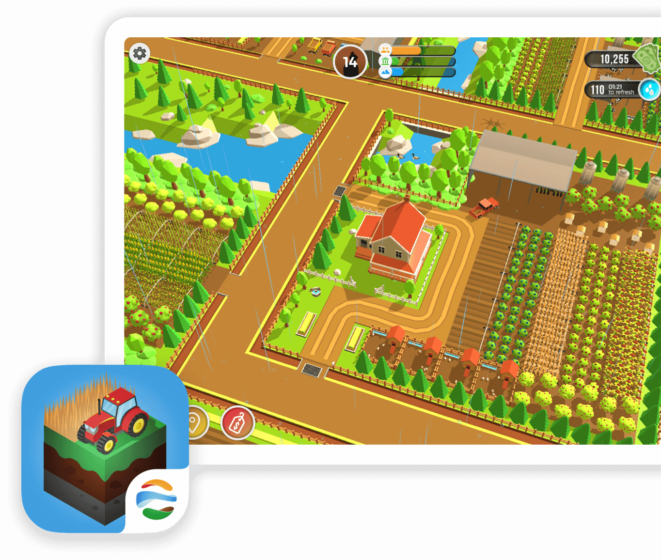 Farmers 2050 logo and game play screen on an iPad