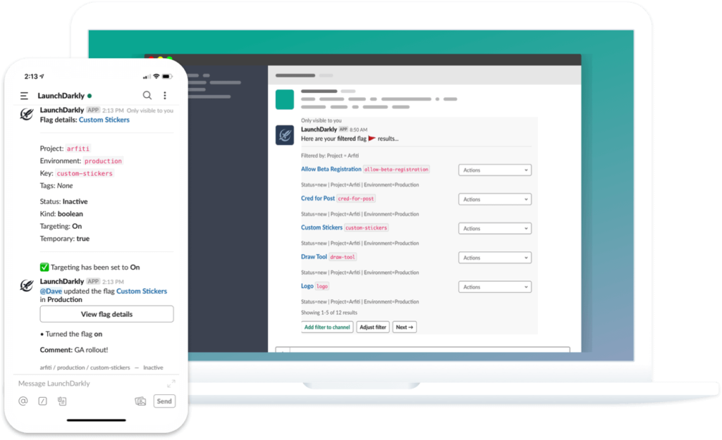 LaunchDarkly Slack app on computer and phone