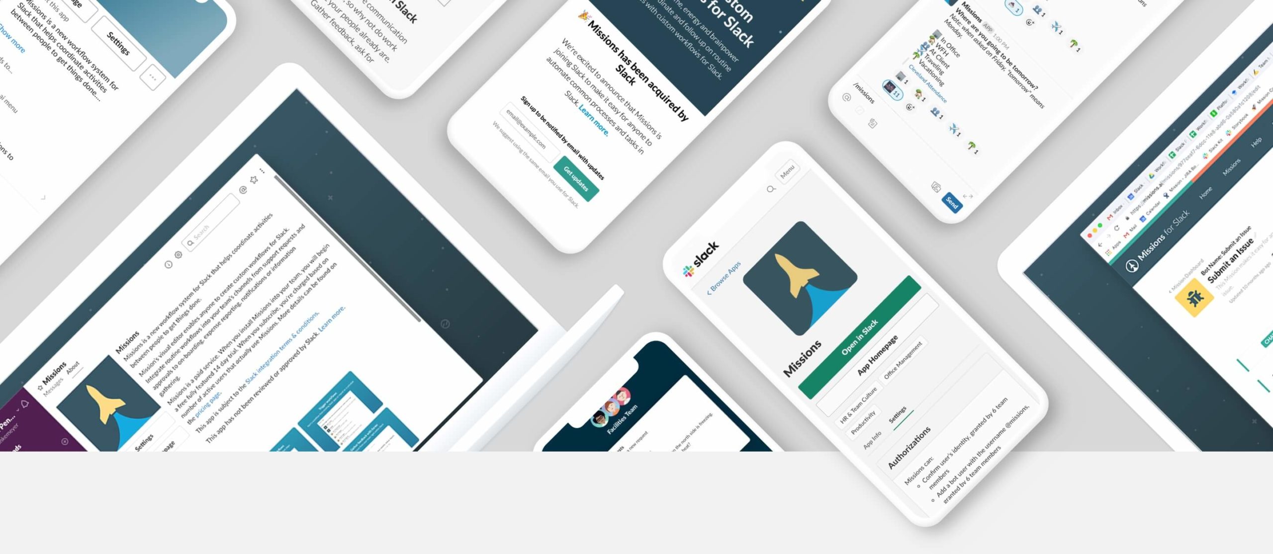 Slack missions assorted mobile and desktop screens