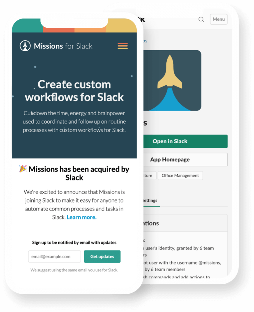 Slack Missions home page screen with acquisition announcement 