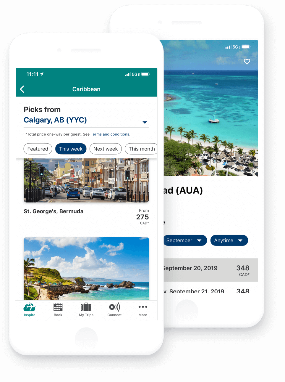 WestJet mobile app booking screens